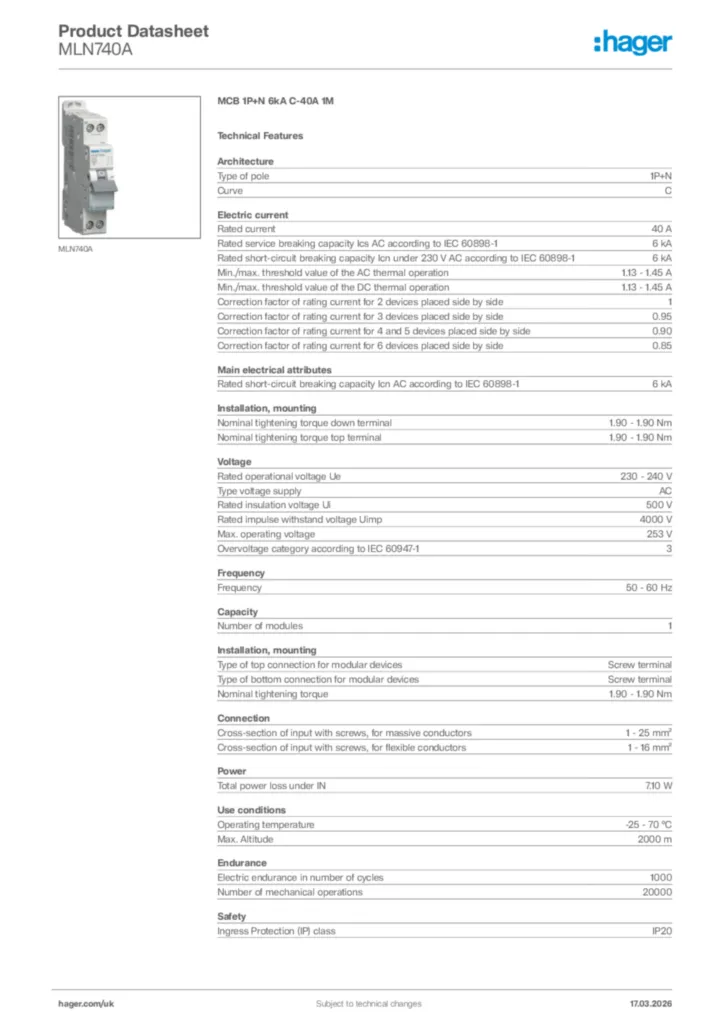 Image Hager Product data sheet MLN740A  | Hager