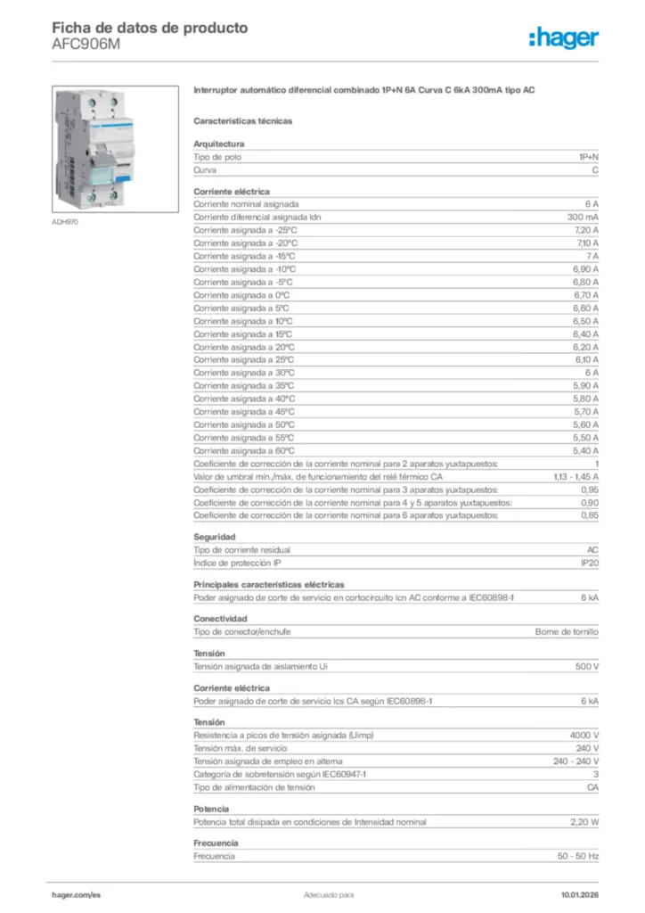 Imagen Hager Ficha de datos de producto AFC906M | Hager España