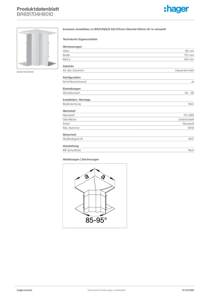 Bild Hager Produktdatenblatt BR651704H9010 | Hager Deutschland