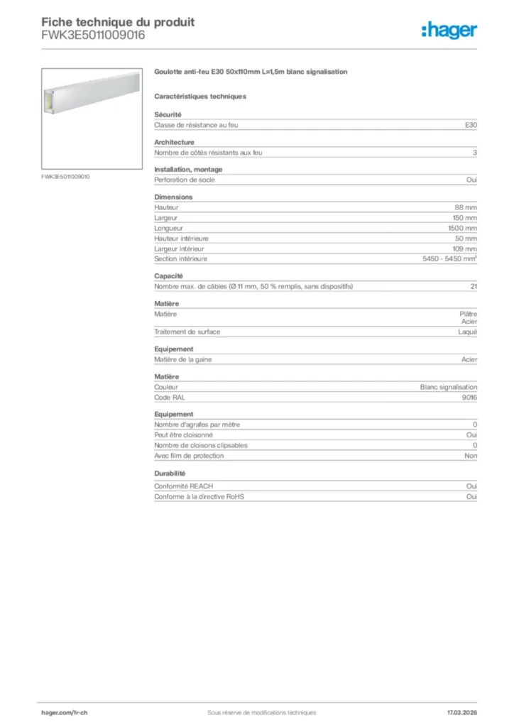 Image Hager Fiche technique du produit FWK3E5011009016 | Hager Suisse