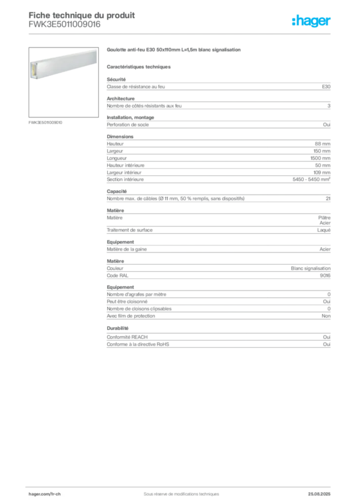 Image Hager Fiche technique du produit FWK3E5011009016 | Hager Suisse