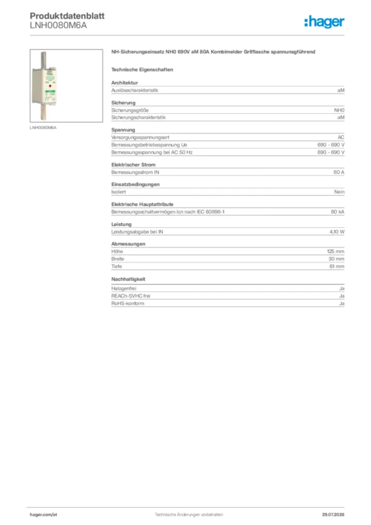 Bild Hager Produktdatenblatt LNH0080M6A | Hager Deutschland