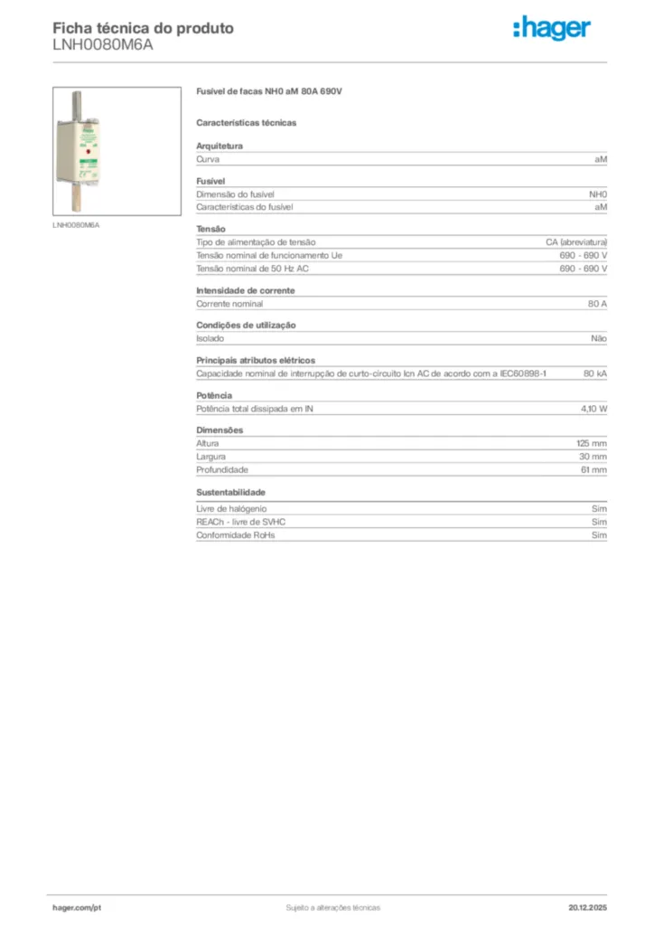 Imagem Hager Ficha técnica do produto LNH0080M6A | Hager Portugal