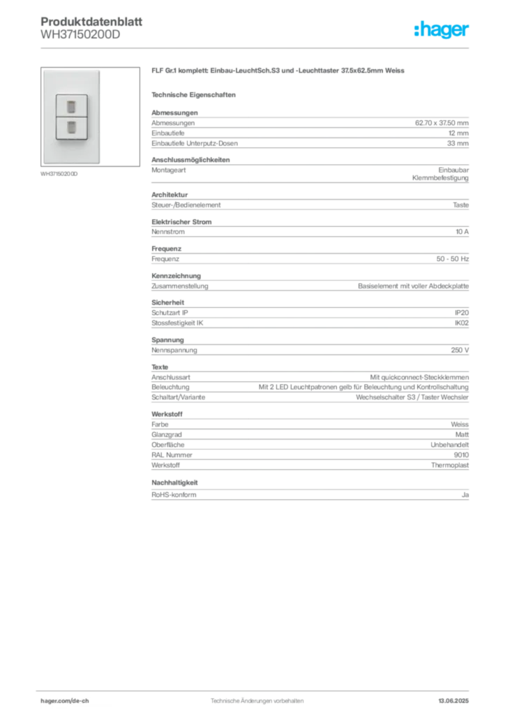 Bild Hager Produktdatenblatt WH37150200D | Hager Schweiz