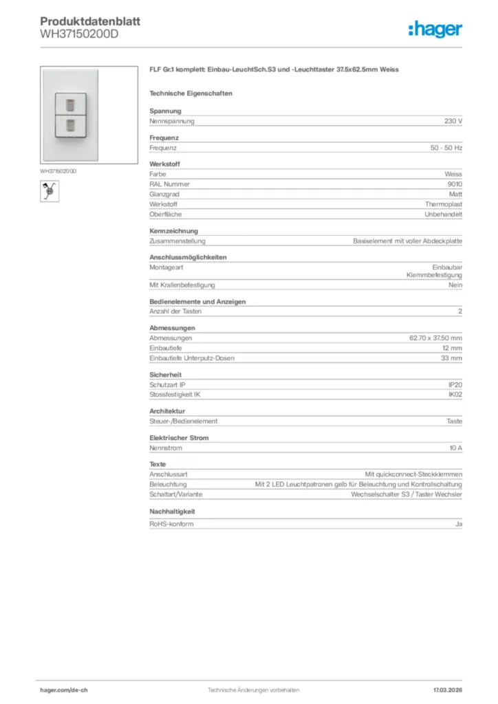 Bild Hager Produktdatenblatt WH37150200D | Hager Schweiz