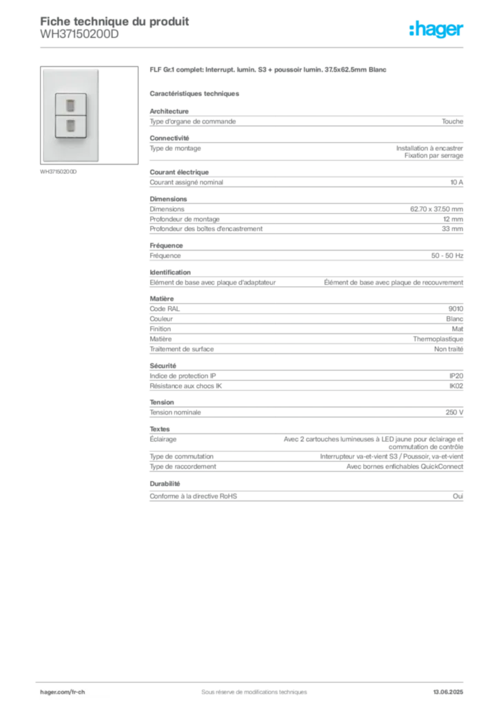 Image Hager Fiche technique du produit WH37150200D | Hager Suisse