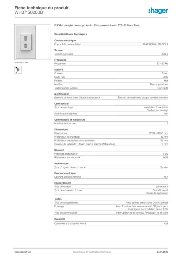 Image Hager Fiche technique du produit WH37150200D | Hager Suisse