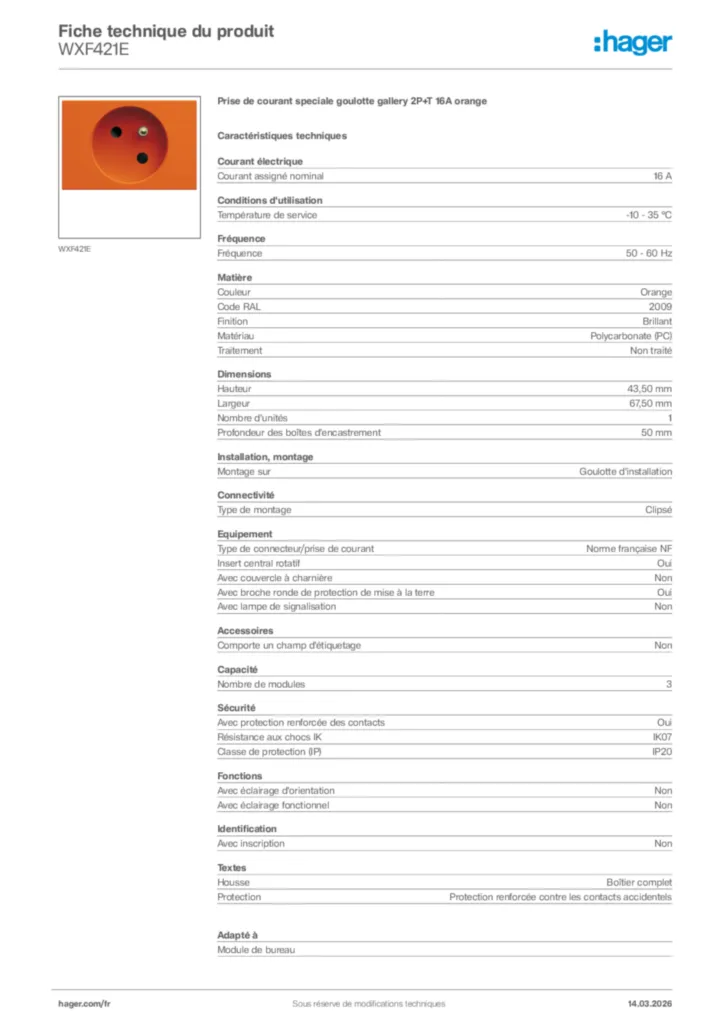 Image Hager Fiche technique du produit WXF421E | Hager France