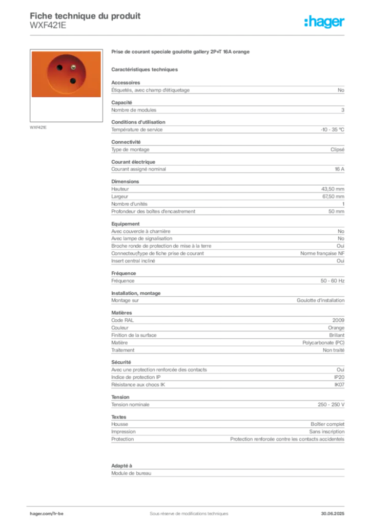 Image Hager Fiche technique du produit WXF421E | Hager Belgique