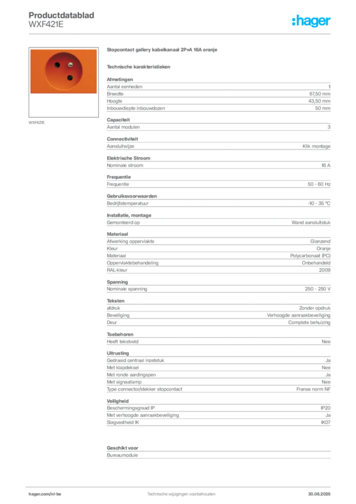 Afbeelding Hager Productdatablad WXF421E | Hager Belgium