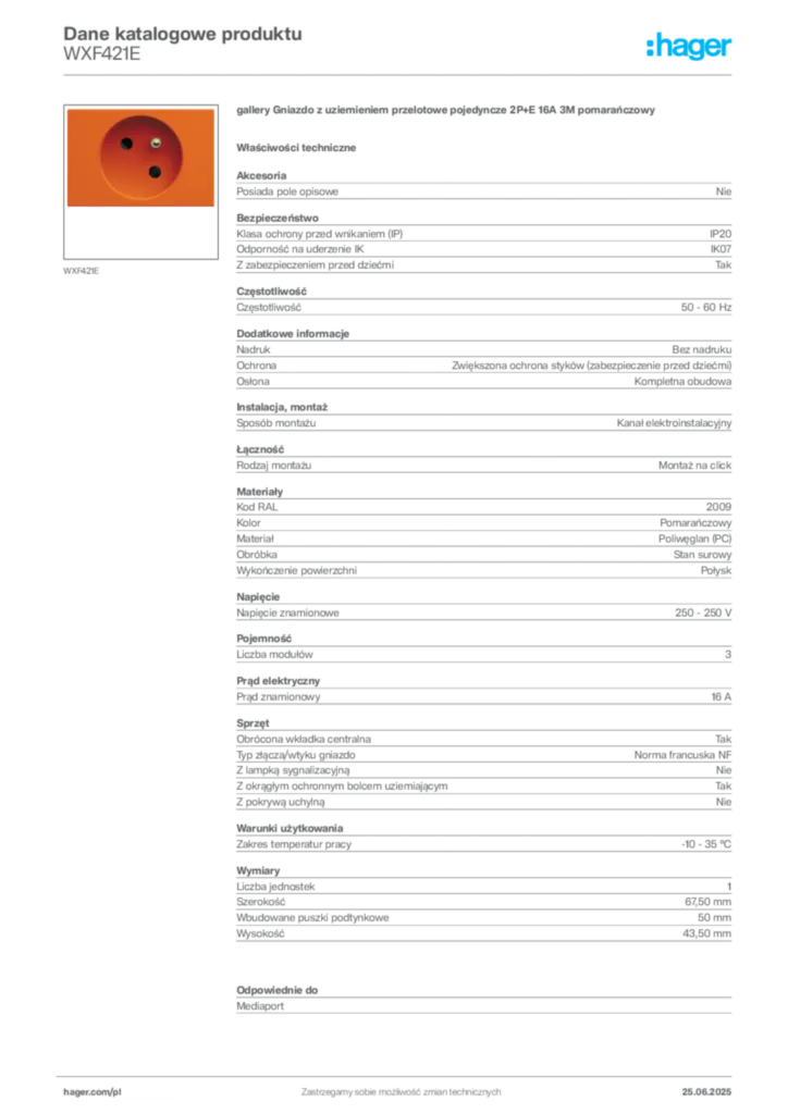 Zdjęcie Hager Dane katalogowe produktu WXF421E | Hager Polska