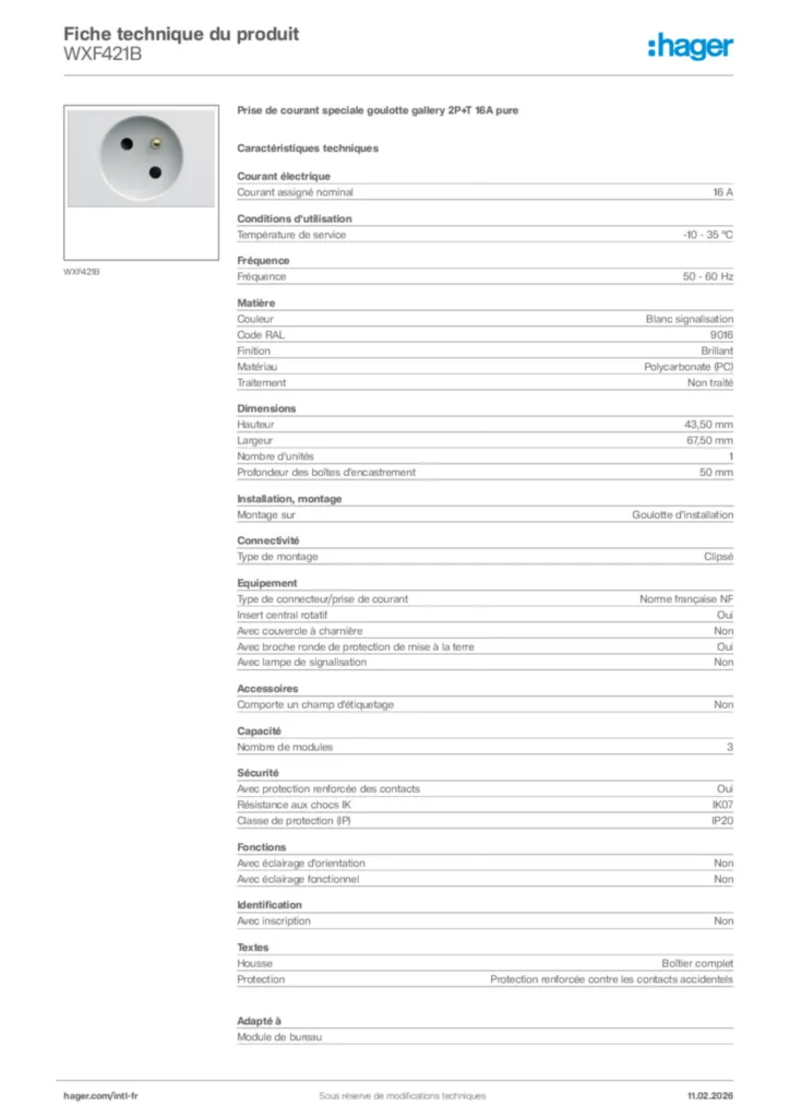 Image Hager Fiche technique du produit WXF421B | Hager Afrique