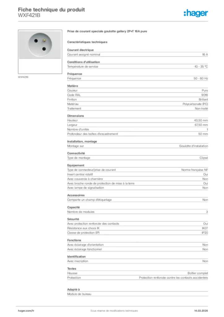 Image Hager Fiche technique du produit WXF421B | Hager France