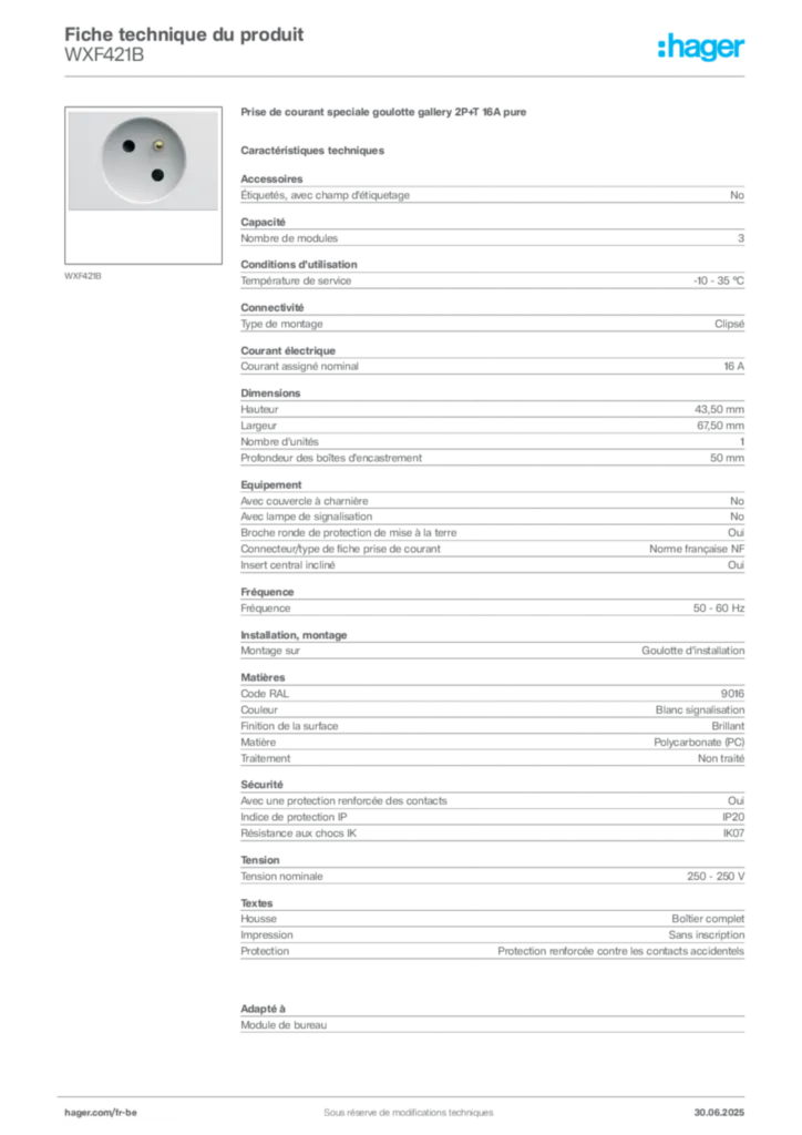 Image Hager Fiche technique du produit WXF421B | Hager Belgique