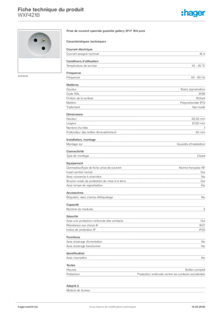 Image Hager Fiche technique du produit WXF421B | Hager Belgique