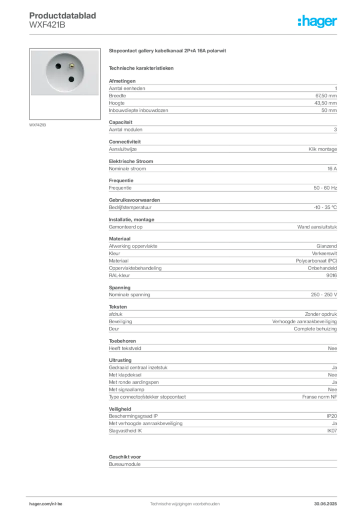 Afbeelding Hager Productdatablad WXF421B | Hager Belgium