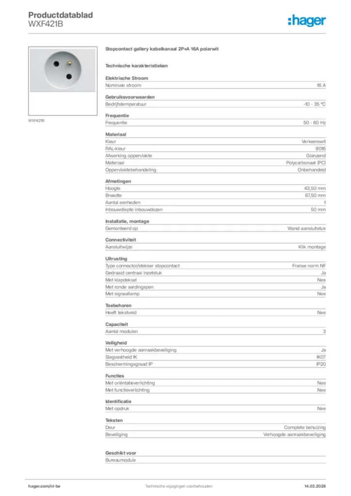 Afbeelding Hager Productdatablad WXF421B | Hager Belgium