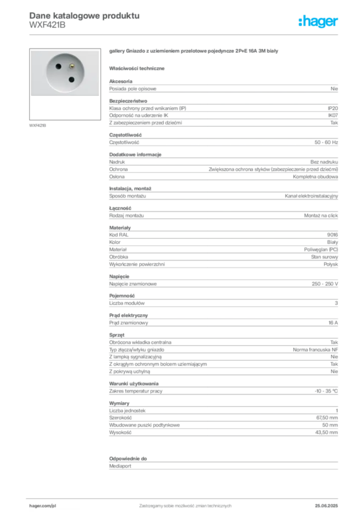 Zdjęcie Hager Dane katalogowe produktu WXF421B | Hager Polska