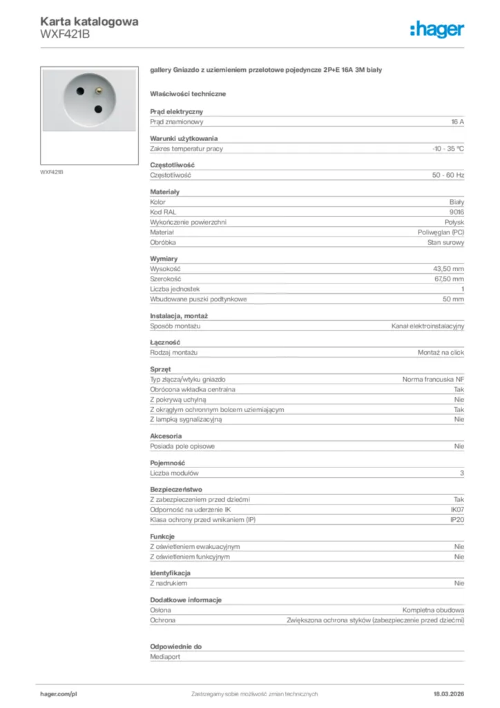 Zdjęcie Hager Karta katalogowa WXF421B | Hager Polska