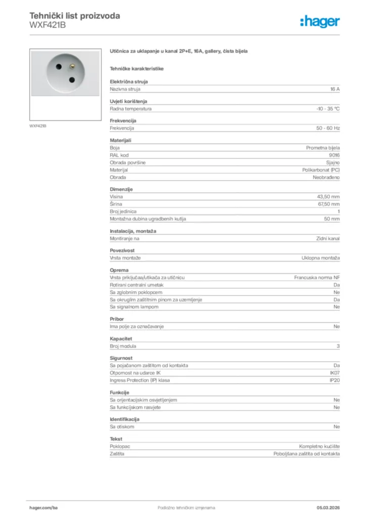 Slika Hager Tehnički list proizvoda WXF421B  | Hager