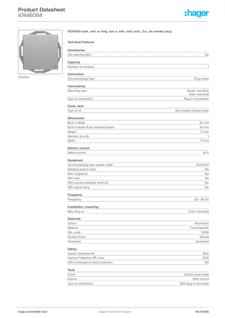 Image Hager Product data sheet 47446084  | Hager