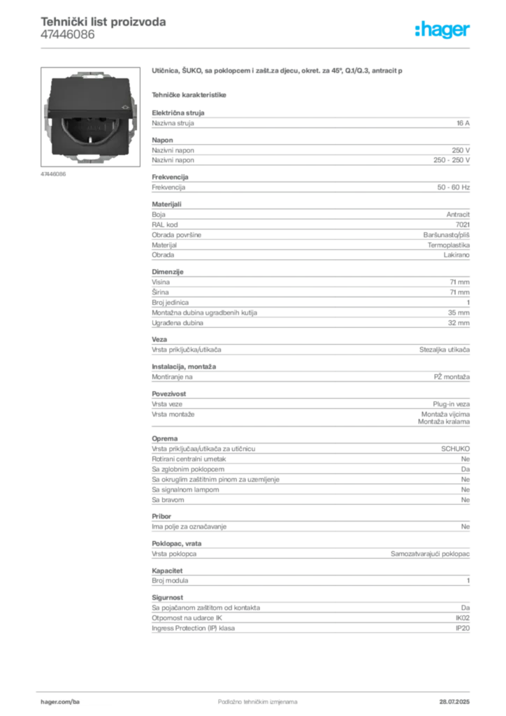 Slika Hager Product data sheet 47446086  | Hager
