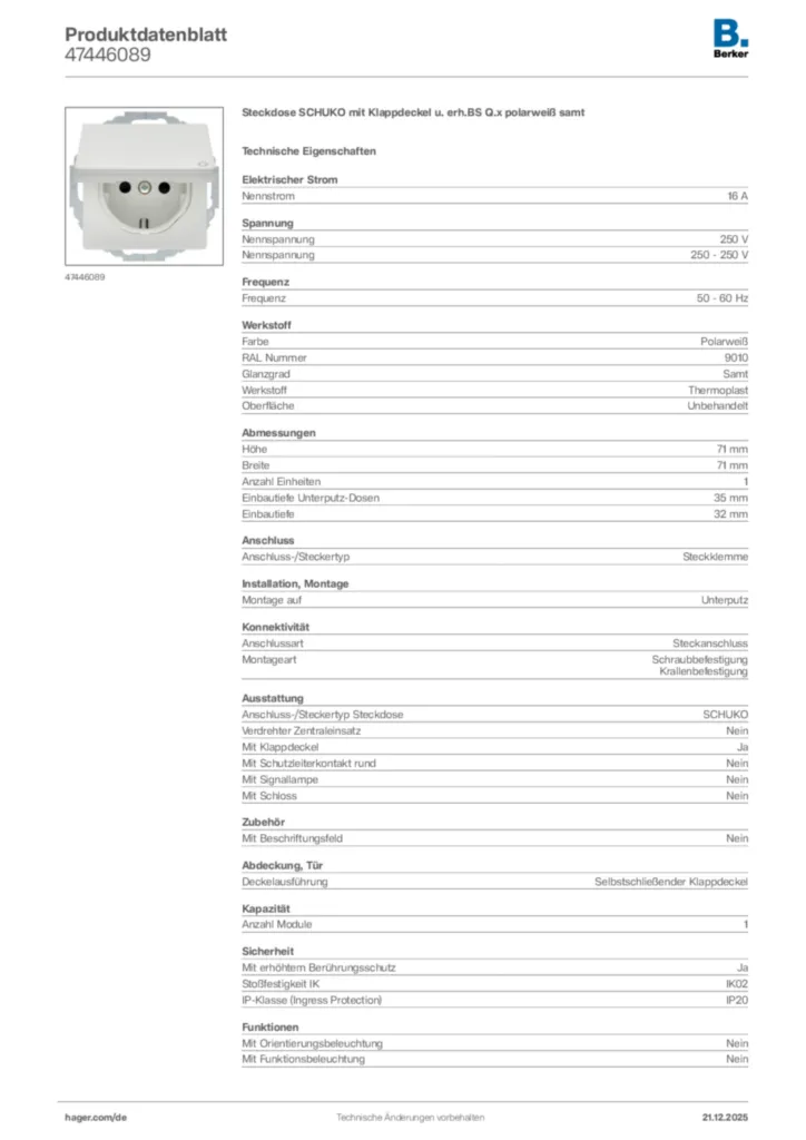 Bild Berker Produktdatenblatt 47446089 | Hager Deutschland