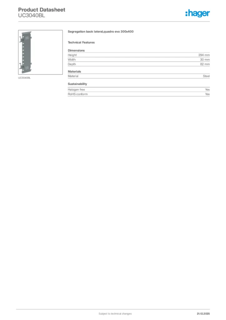 Image Hager Product data sheet UC3040BL  | Hager Africa