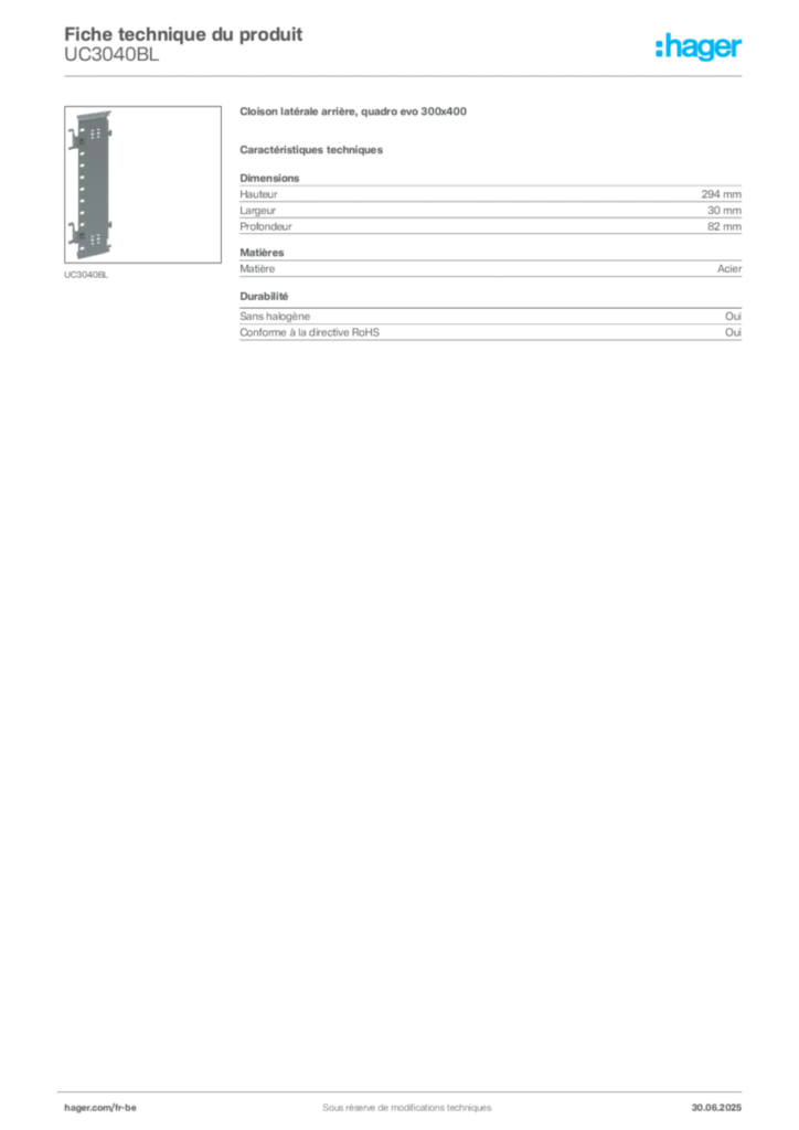 Image Hager Fiche technique du produit UC3040BL | Hager Belgique