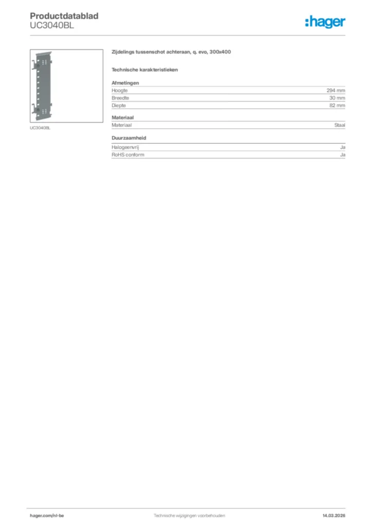 Afbeelding Hager Productdatablad UC3040BL | Hager Belgium