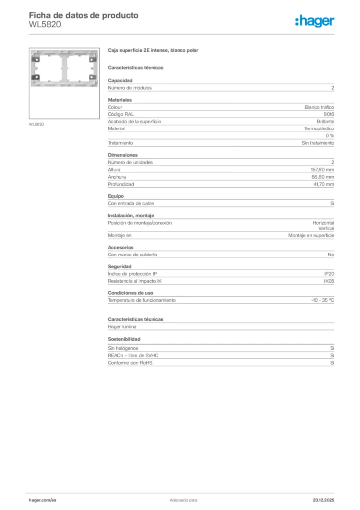 Imagen Hager Ficha de datos de producto WL5820 | Hager España