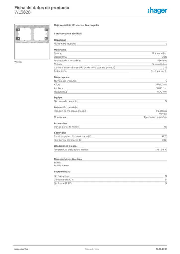 Imagen Hager Ficha de datos de producto WL5820 | Hager España