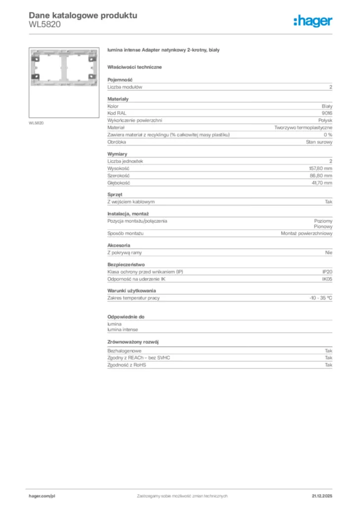 Zdjęcie Hager Dane katalogowe produktu WL5820 | Hager Polska