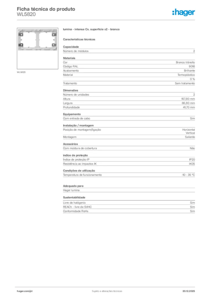 Imagem Hager Ficha técnica do produto WL5820 | Hager Portugal