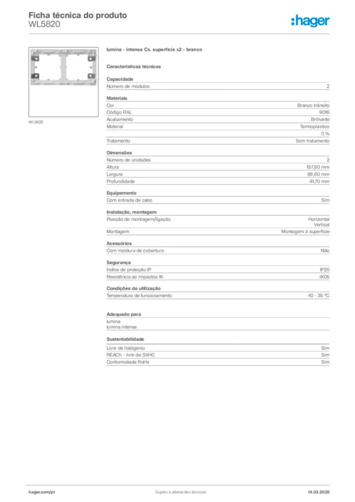 Imagem Hager Ficha técnica do produto WL5820 | Hager Portugal