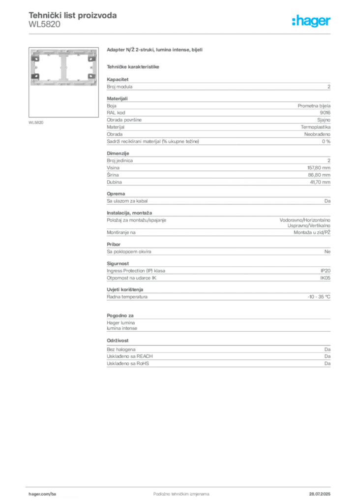 Slika Hager Product data sheet WL5820  | Hager