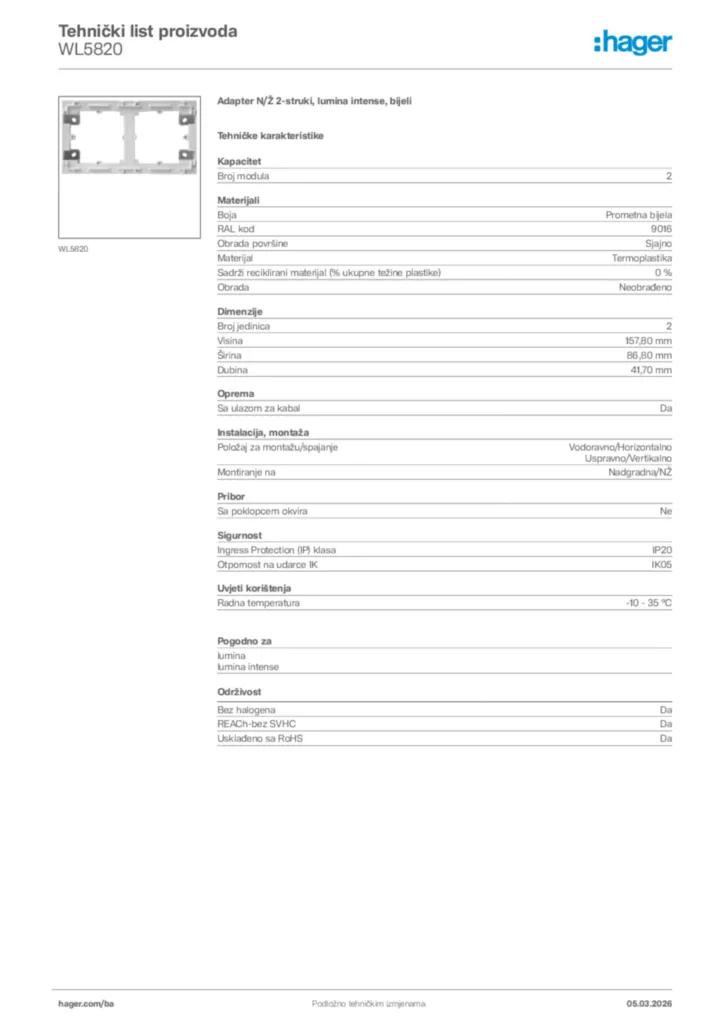 Slika Hager Tehnički list proizvoda WL5820  | Hager