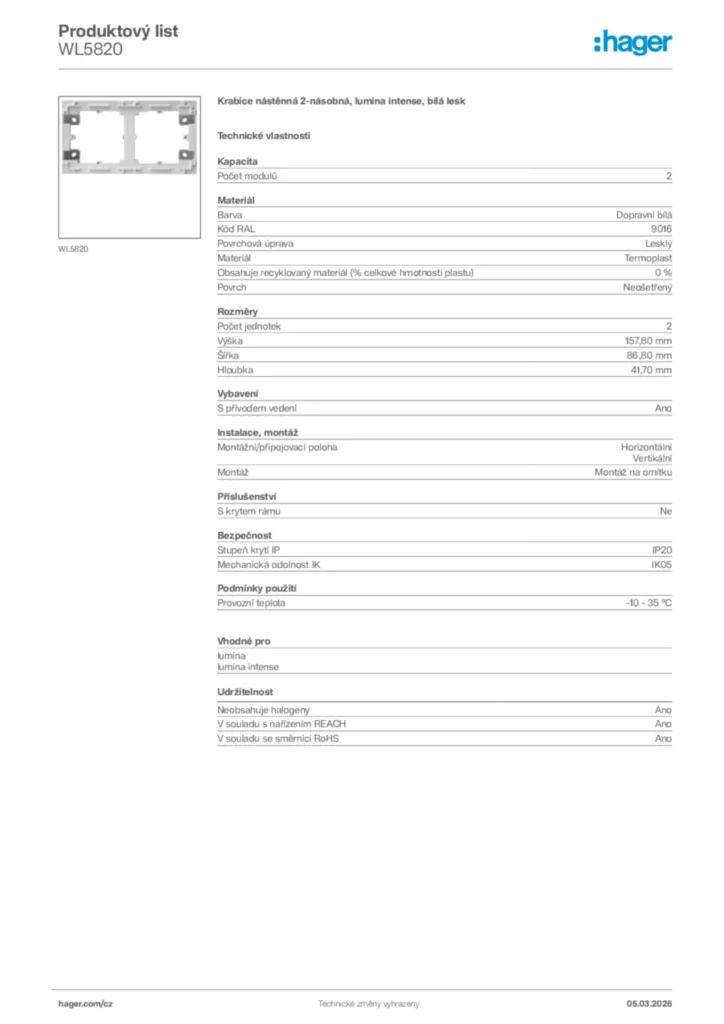 Obrázek Hager Product data sheet WL5820 | Hager