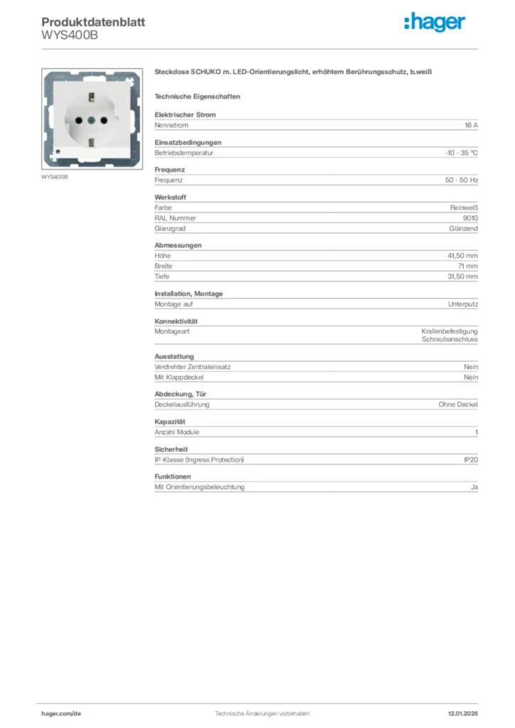 Bild Hager Produktdatenblatt WYS400B | Hager Deutschland