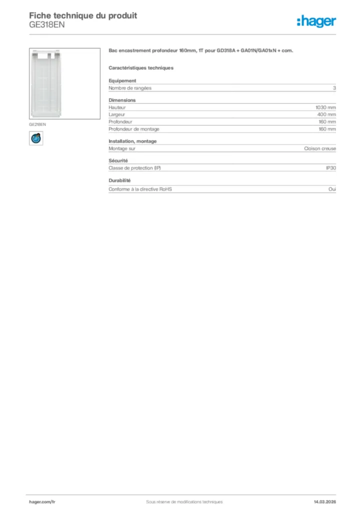 Image Hager Fiche technique du produit GE318EN | Hager France