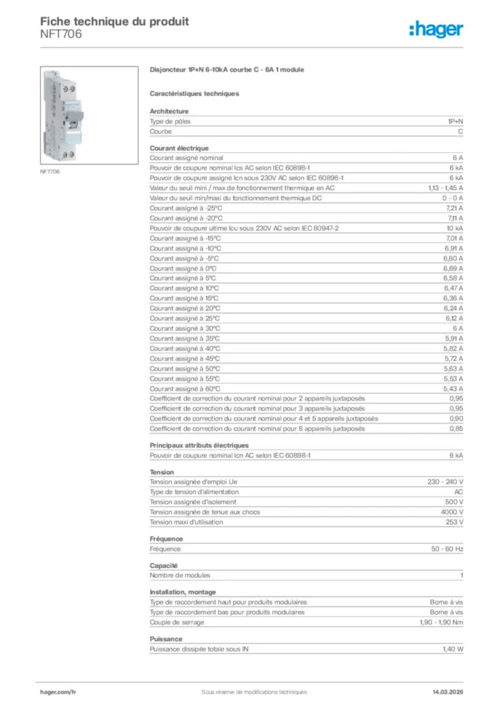 Image Hager Fiche technique du produit NFT706 | Hager France
