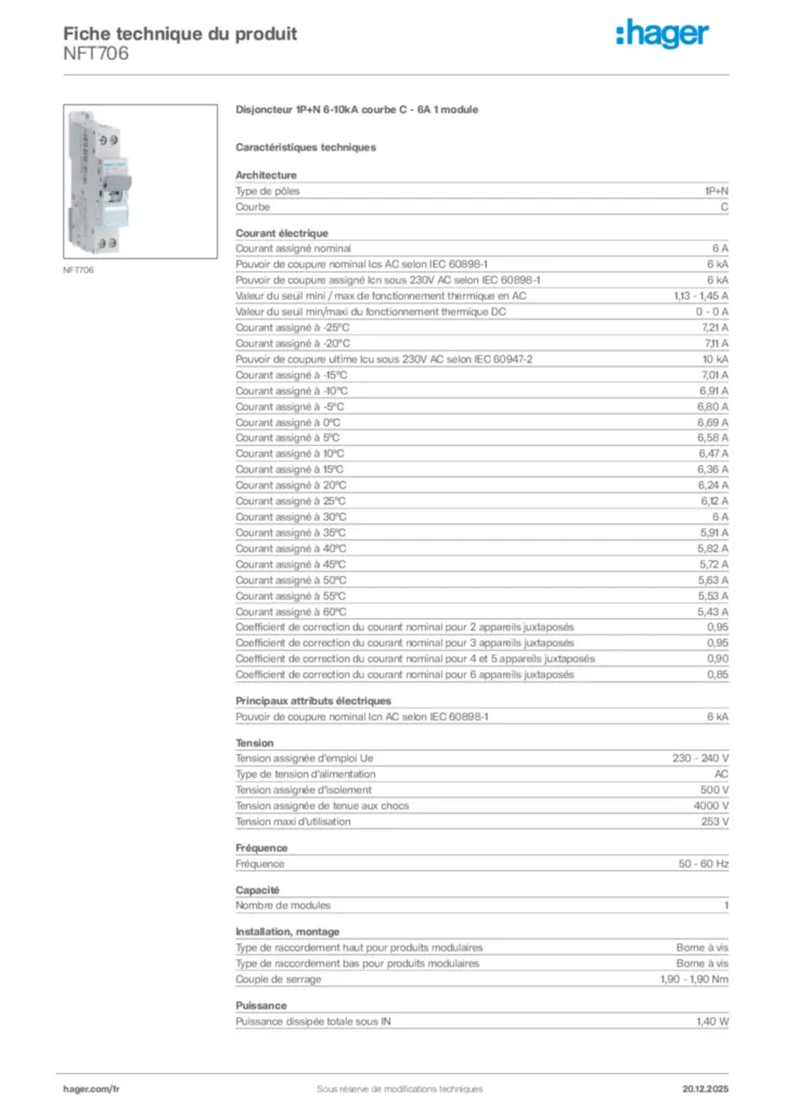 Image Hager Fiche technique du produit NFT706 | Hager France