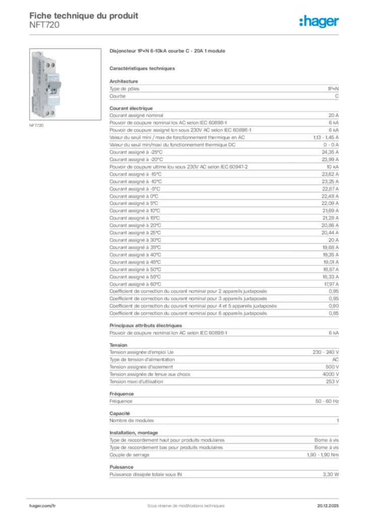 Image Hager Fiche technique du produit NFT720 | Hager France
