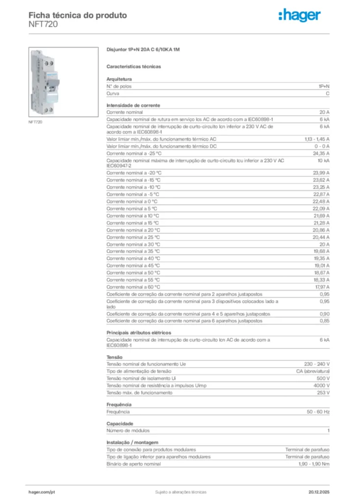 Imagem Hager Ficha técnica do produto NFT720 | Hager Portugal
