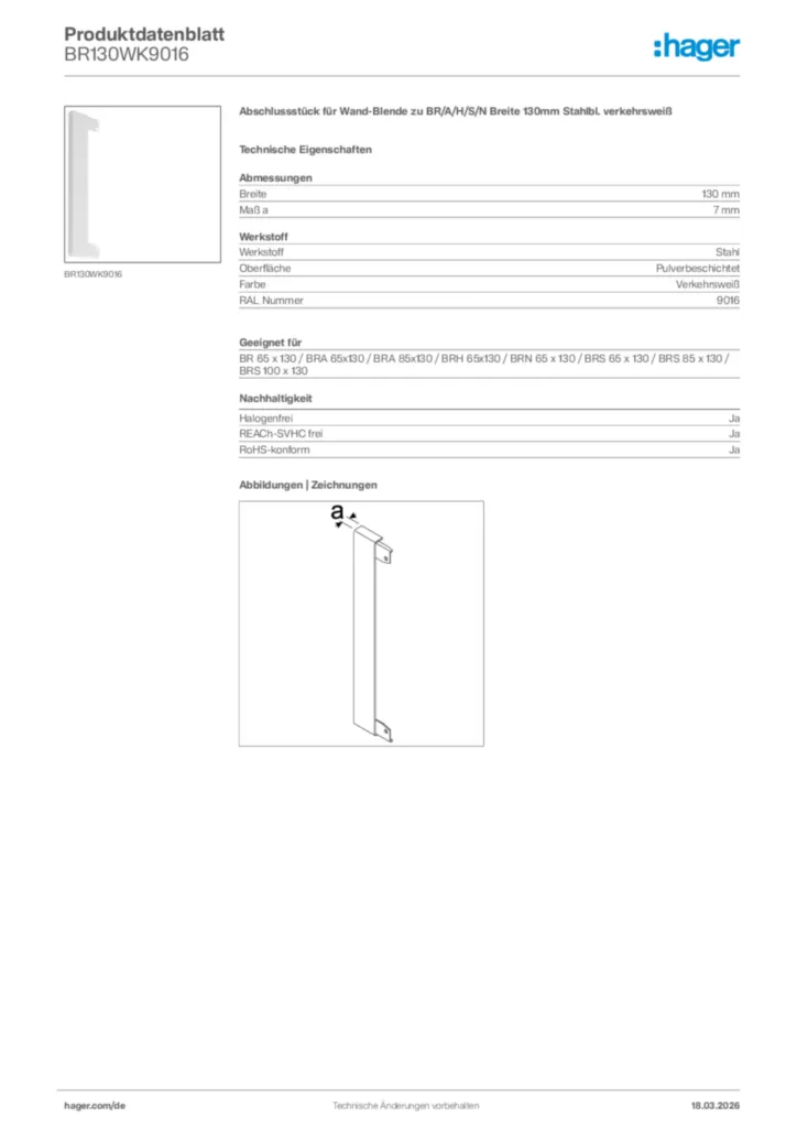 Bild Hager Produktdatenblatt BR130WK9016 | Hager Deutschland