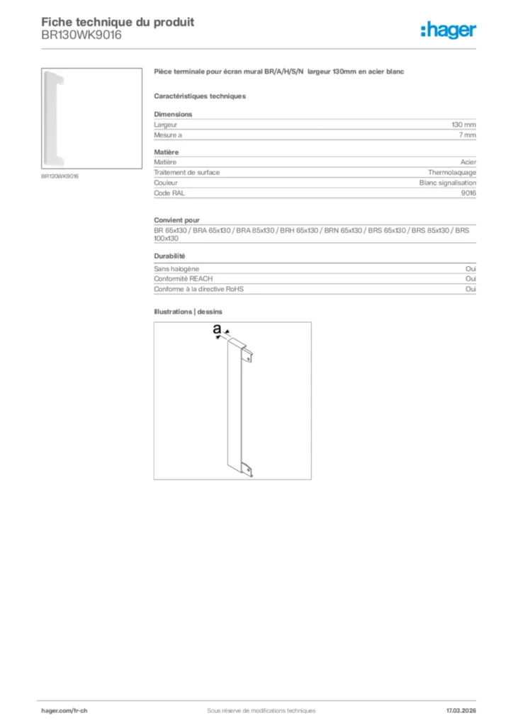 Image Hager Fiche technique du produit BR130WK9016 | Hager Suisse