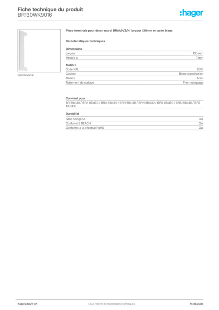 Image Hager Fiche technique du produit BR130WK9016 | Hager Suisse