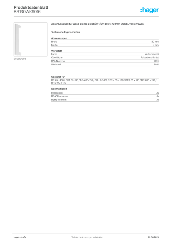 Bild Hager Produktdatenblatt BR130WK9016 | Hager Deutschland