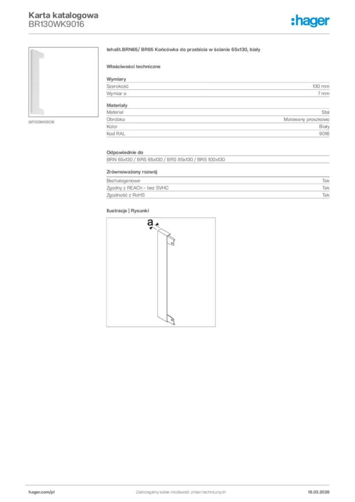 Zdjęcie Hager Karta katalogowa BR130WK9016 | Hager Polska