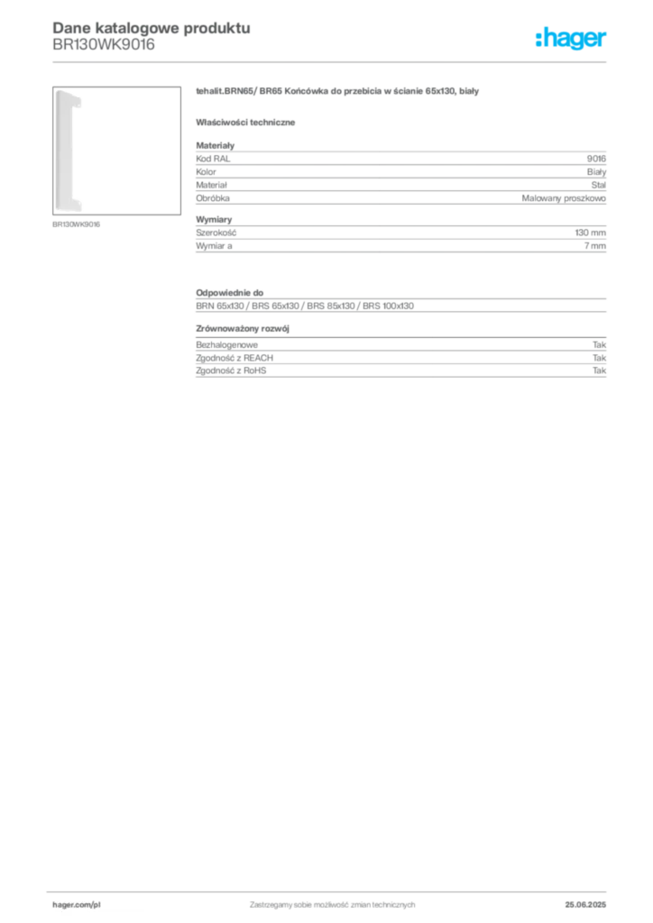 Zdjęcie Hager Dane katalogowe produktu BR130WK9016 | Hager Polska